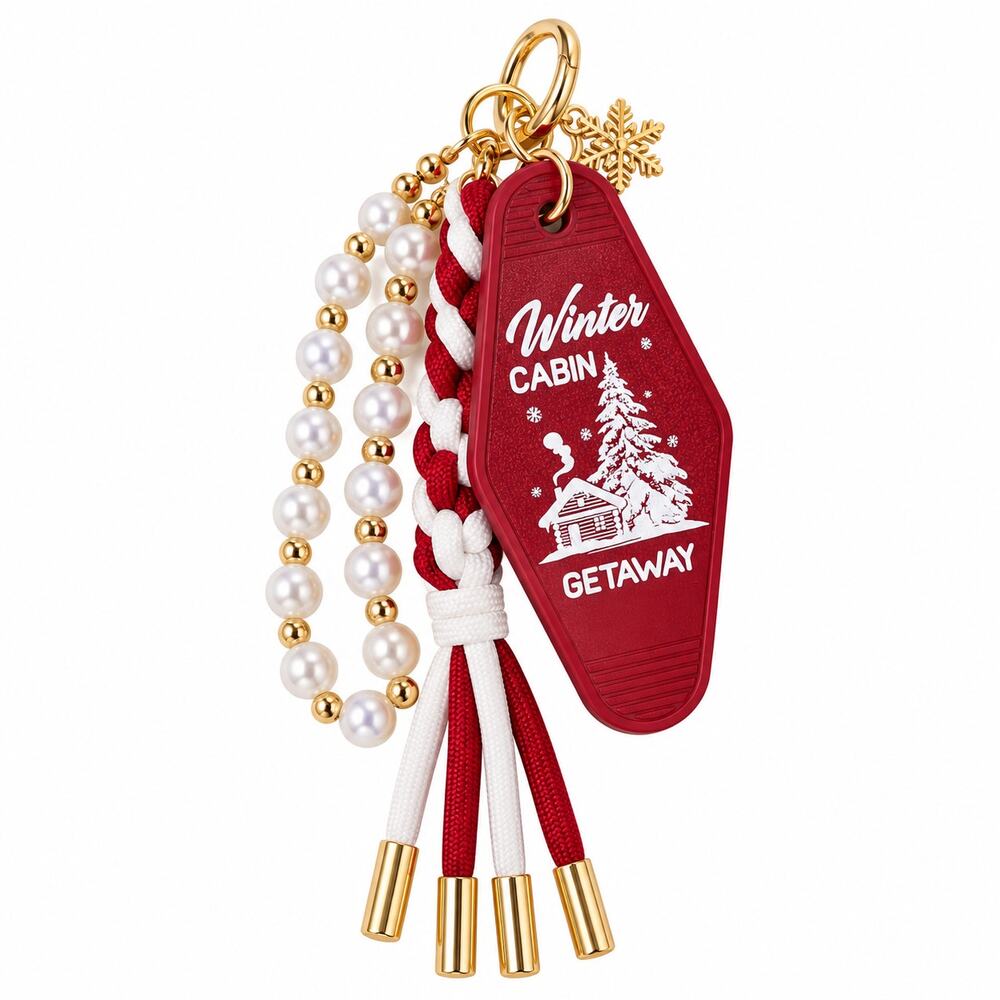 Blue Moon Studio Winter Cabin Bag Purse Charm Pearl Motel Key Tassel Rd Whte NIB